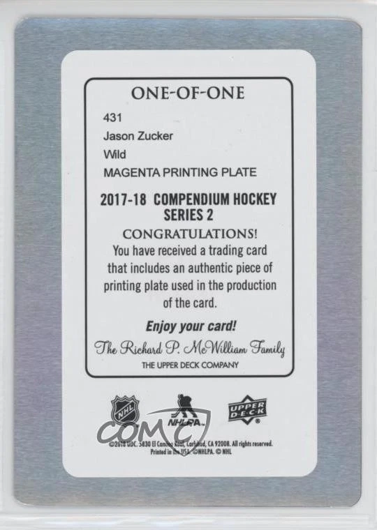 2017-18 Upper Deck Compendium Printing Plate Magenta 1/1 Jason Zucker #431 fm0 - Image 2 of 3