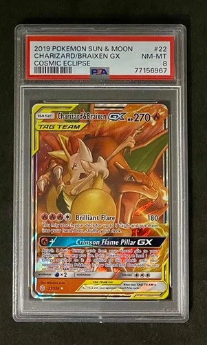 2019 Pokémon Sun and Moon Charizard Braixen GX Cosmic Eclipse PSA 8