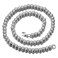 7"-40" 6/8/10mm Men Women's Stainless steel Silver Rosary Beads Necklace Chain