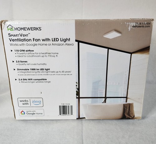 Homewerks SmartVent Ventilation Fan w/ LED Light 2-Sone 110-CFM Voice Control - Picture 2 of 7