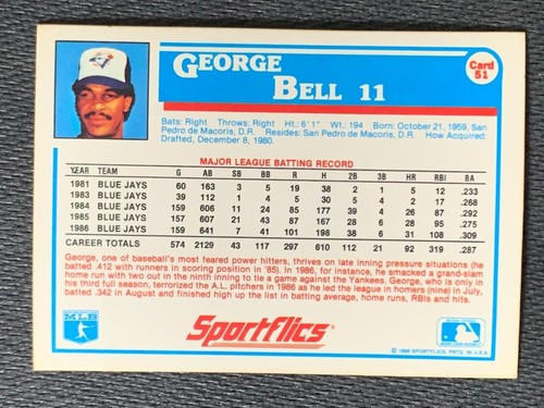 1987 (BLUE JAYS) Sportflics #51 George Bell - Picture 3 of 3