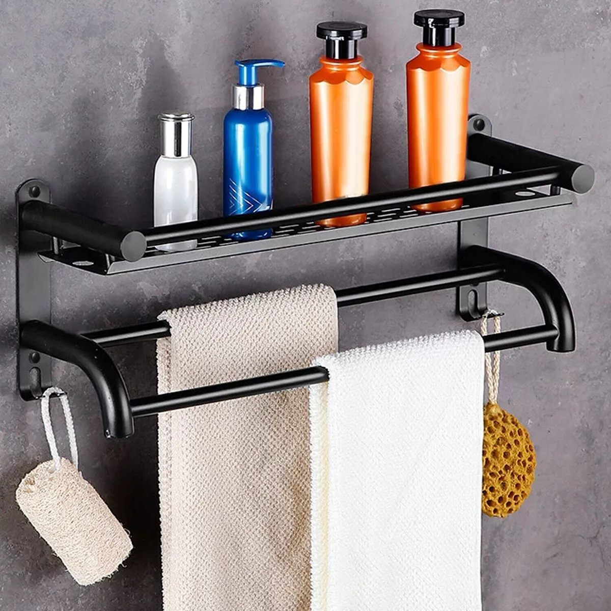 2 Tier Wall Mounted Torched Wood Bathroom Shelf Organizer with Hanging  Towel Bar