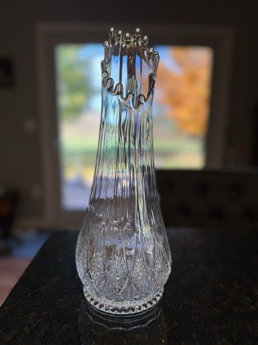 LE Smith Clear Iridescent 16 fingered Swung Vase Diamond Cut Glass, 12” - Picture 7 of 20