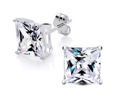 Sterling Silver 925 Simulated Diamond Princess Square Solitaire Stud Earrings