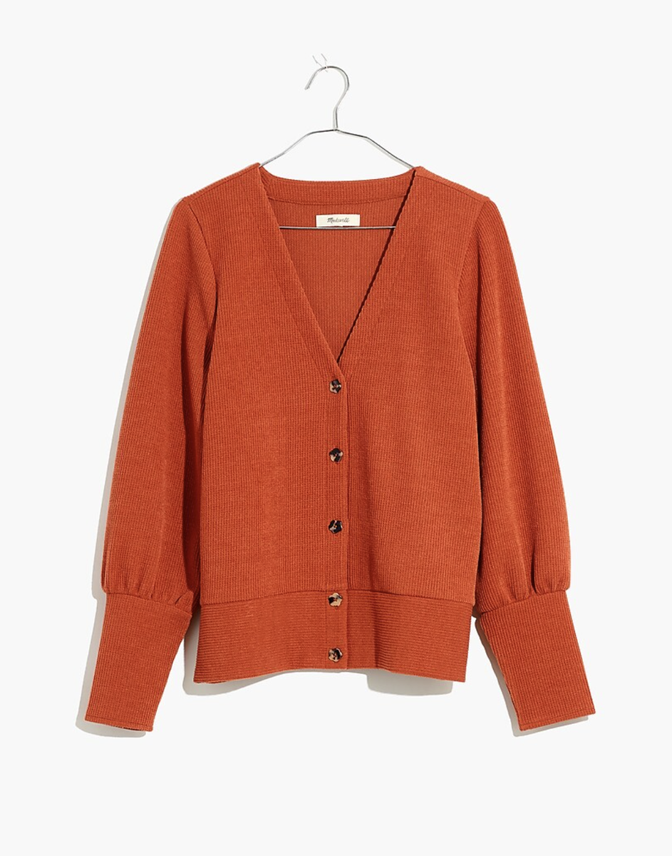 MADEWELL BURNT ORANGE FLOWER SHAPED BUTTONS OTTOMAN RIB CARDIGAN