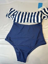 1 PC Swimsuit Blue White Stripe Cap Straps Bare Midriff MED Bra Lined High Waist