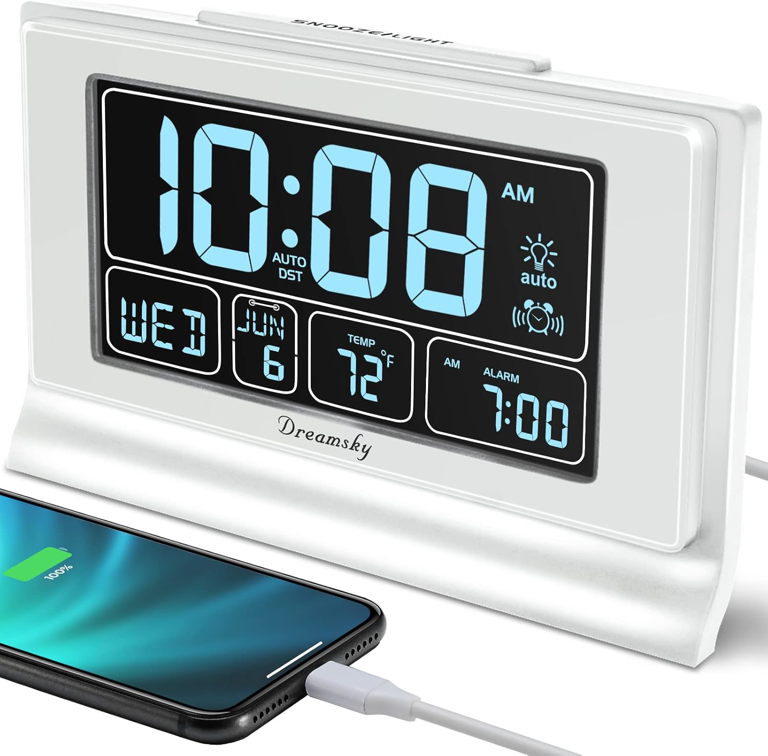 5 Inch Alarm Clock with Battery Backup USB Ports Auto DST Dimmer-image