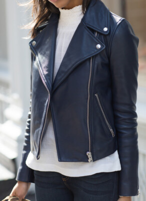 Women Leather Jacket Navy Blue Biker Moto Pure Lambskin Size XS