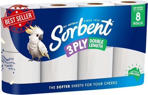 3PLY Double Length Toilet Paper 8 Pack Soft Strong Bathroom Tissue Bulk