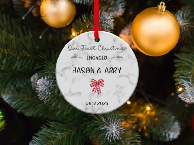 Personalized First Christmas Engaged Ornament, Custom Engagement Keepsake gift