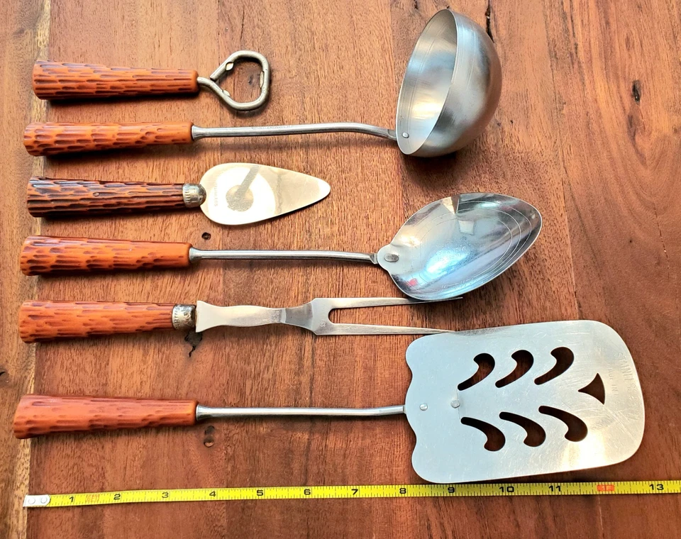 Vtg 6 Pc Kitchen Utensil Set Faux Stag Horn Bakelite Handles Ladle Spoon Spatula - Image 2 of 4