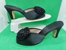 Size 7.5 Vtg 50s Peep Toe Daniel Green Black Satin Shoe Hi Heel Boudoir Mule