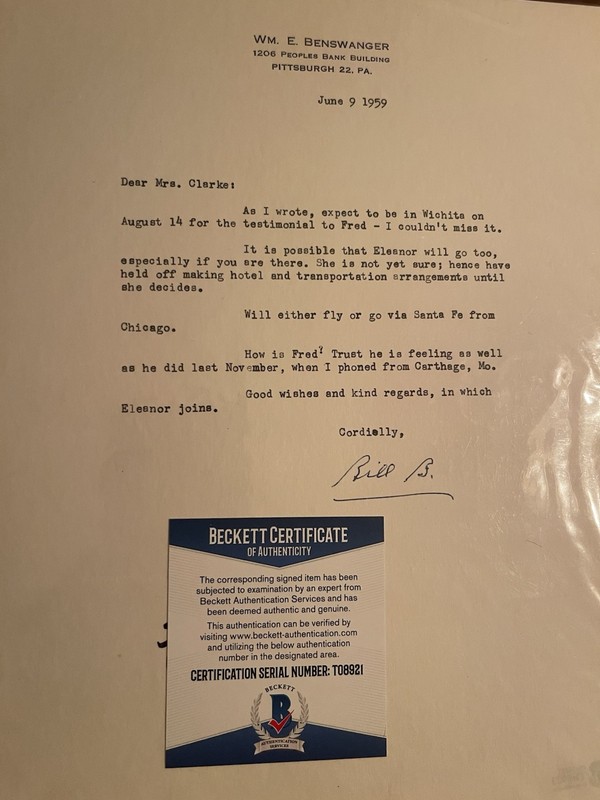 William E. Benswanger Signed letter - Former Pres. Pittsburgh Pirates - 6/9/1959