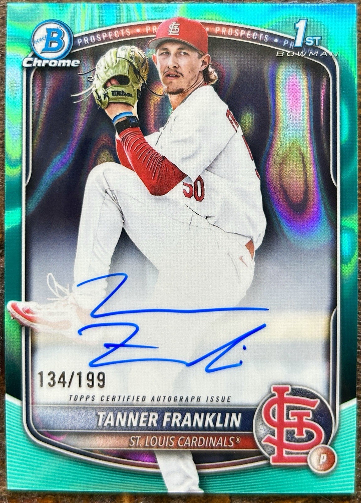 Tanner Franklin 2025 Bowman Draft Chrome 1st Aqua Lava Autograph 134/199 Auto 