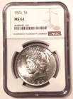 1923 PEACE SILVER DOLLAR CERTIFIED NGC MS 62 COIN