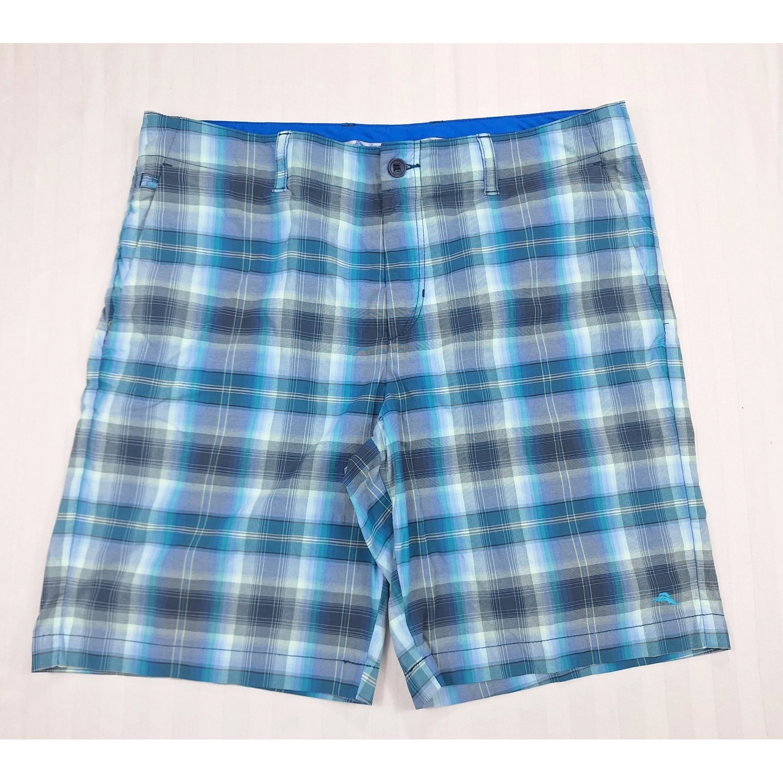 Tommy Bahama Blue Green Plaid Hybrid Shorts Stretch Size 36 Nautical Coastal