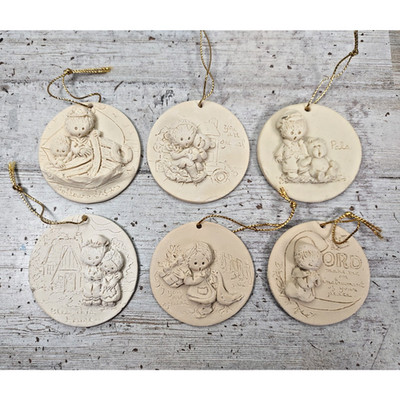 6 Vintage La Berge Harborwood Studio Unpainted Pottery Christmas Ornaments 80s