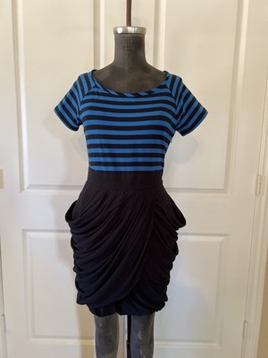 Forever 21 Twist Blue Black Stripe Dress Draped Tulip Skirt Short Sleeve Sz M
