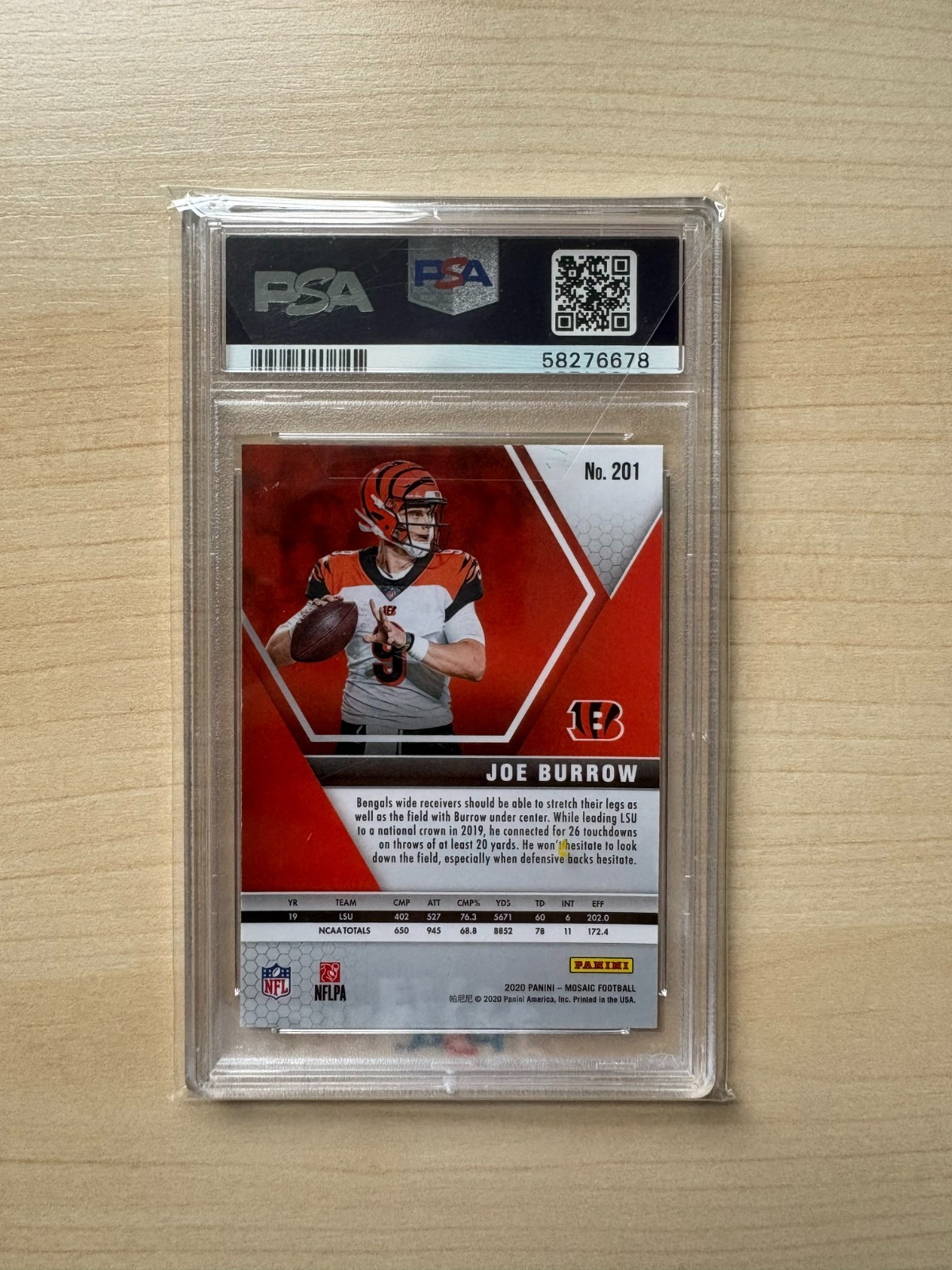 2020 Panini Mosaic Joe Burrow rookie PSA 9 Cincinnati Bengals view 2