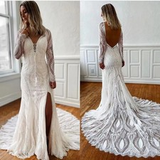 Boho Mermaid Wedding Dresses Long Sleeves Side Split Lace Appliques Bridal Gowns
