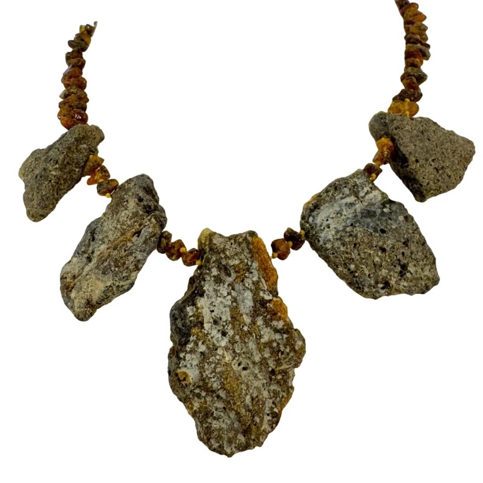 波罗的海琥珀声明项链原始未抛光厚串珠波西米亚乡村风格 (N280)