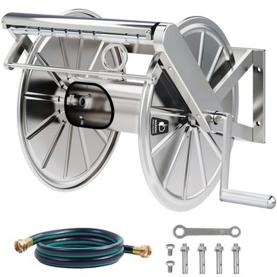 Stainless Steel Garden Hose Reel Heavy 150 ft Capacity without Hose, Silver