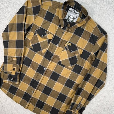 Dixxon Shirt Womens Large Brown Plaid Button Snap Five Clicks Out Flannel