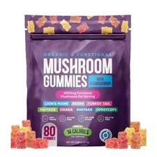 Mushroom Gummies - Organic & Functional Vegan 2500mg 80ct 40 Servings Ashwaganda