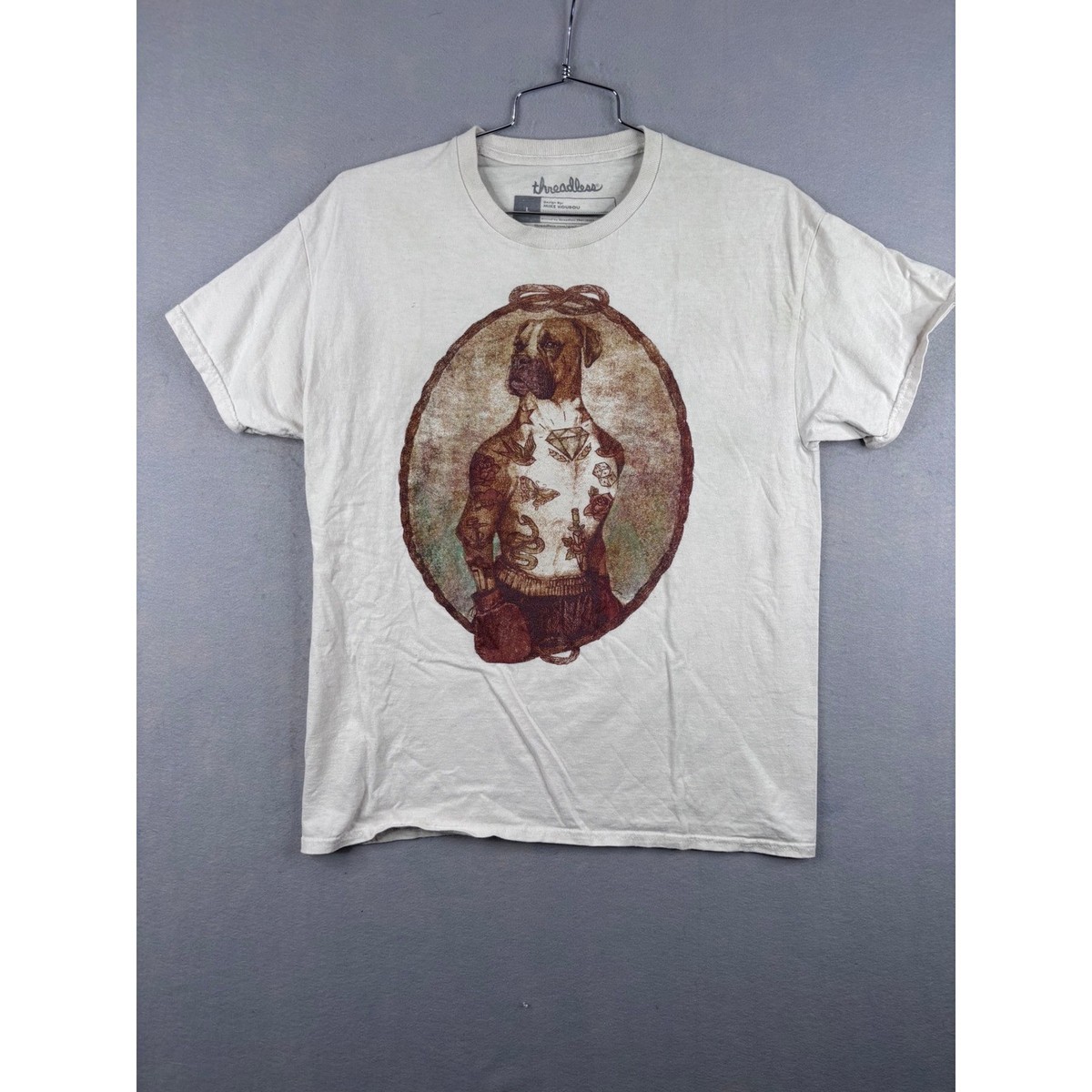Threadless Mike Koubou Tattooed Boxer Dog Graphic T-Shirt Mens Large Cream