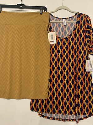 LuLaRoe Classic T Navy,orange,gold XL W/ Xl Cassie Pencil Skirt In Gold Texture