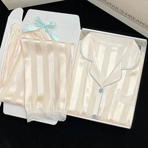 Pijama Seda Hielo Mujer Pijama Primavera Manga Larga Hogar Set - Imagen 37 de 49