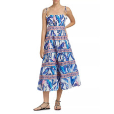 FARM RIO Foliage Printed Tiered Cotton Midi Blue Dress size Small NWT $248
