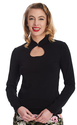 Banned »TEAR DROP« Retro KEYHOLE Cut-Out Oberteil SHIRT - Schwarz Rockabilly