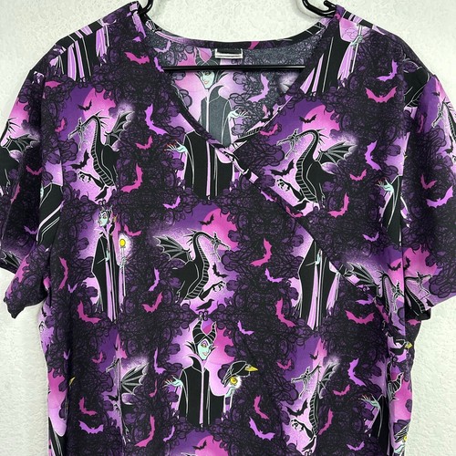 Disney Villains Scrub Top Womens 2XL Purple Maleficent Short Sleeve Nurse Work - Picture 3 of 6
