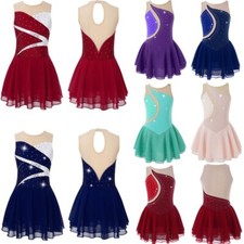 Kids Girls Shiny Rhinestones Figure Skating Dress Ballet Dance Leotard Costume