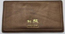 Coach Leather Checkbook Cover w/Pen Loop Vintage Stagecoach Logo Brown Gold
