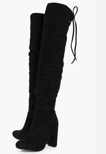 Boohoo Rebecca Block Heel Over The Knee Black Faux Suede Thigh High Boots Boot