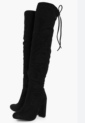 Boohoo Rebecca Block Heel Over The Knee Black Faux Suede Thigh