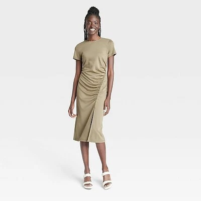 Women's Short Sleeve Side Ruched Knit Dress - A New Day Olive Green S