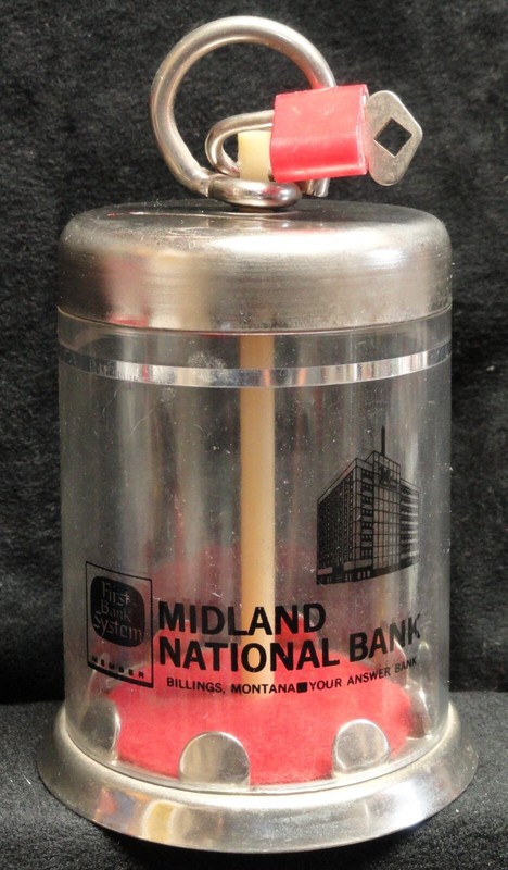 Vintage 1973 MIDLAND NATIONAL Billings Montana Bower Mfg Coin Bank with Lock Key