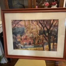 Gouache Watercolor Painting Church 37x30” by Aldo German French Cityscape rare