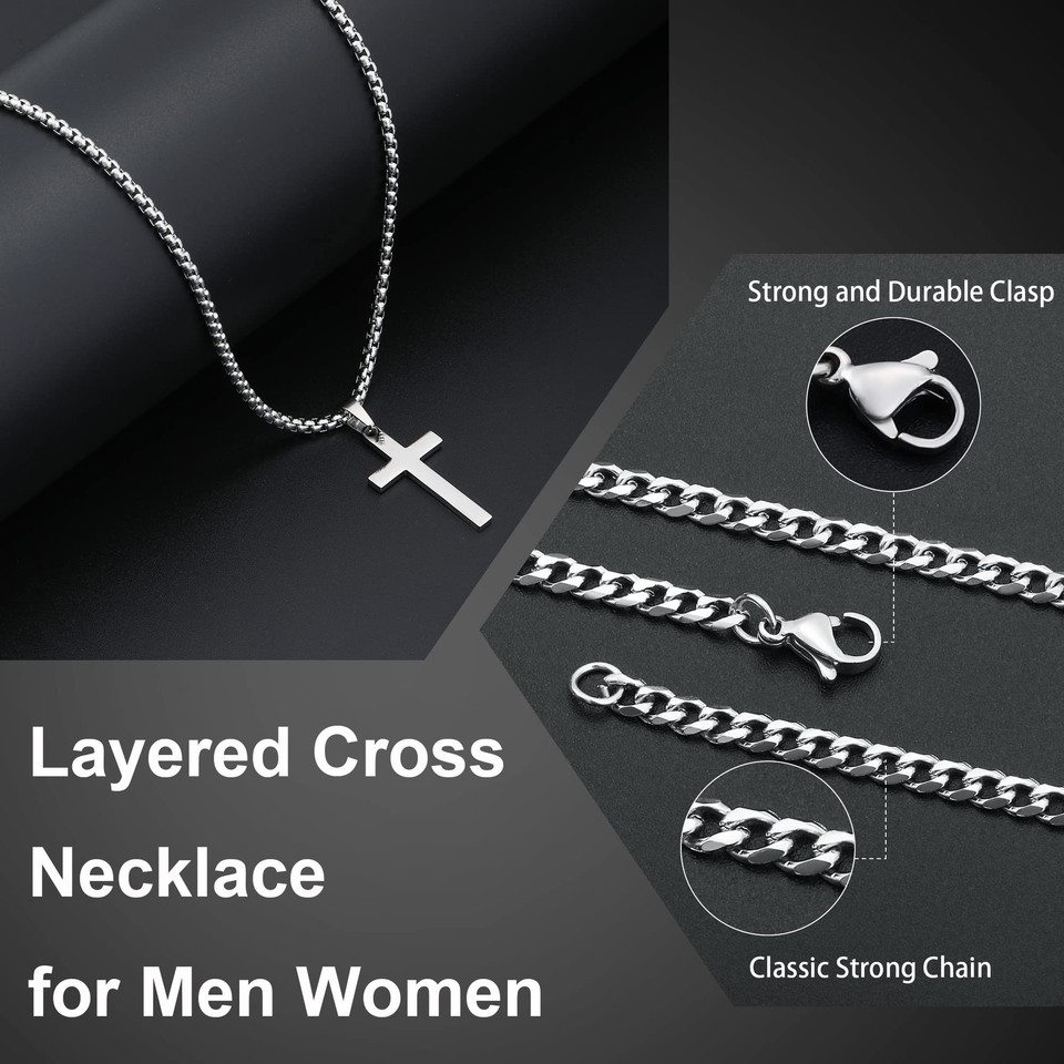 Silver Cross Chain Necklaces for Men Cuban Link Cross Mens Chain