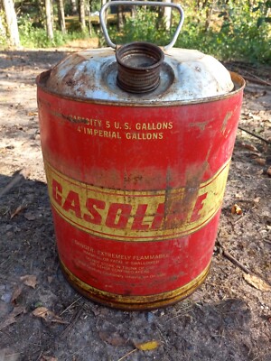 VINTAGE ROUND METAL GAS CAN GALLONS YELLOW RED