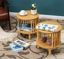 Set of 2 Round Nightstand End Tables Bamboo End Tables for Bedroom Living Room