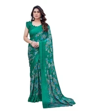 Indian Chiffon Saree With Unstitched Blouse Piece Party Wedding Wear For Women