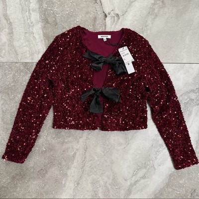 NWT Vigoss Satin Bow Sequin Velvet Jacket Burgundy Size XS