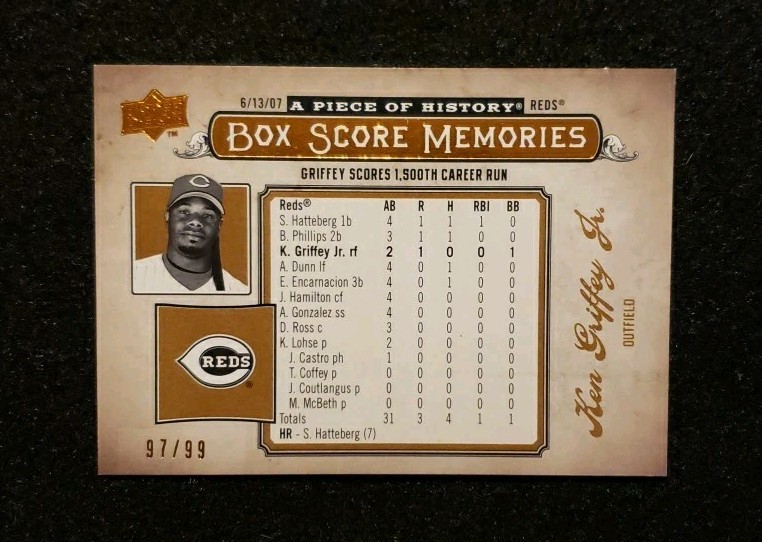 Ken Griffey Jr #BSM-13 Baseball Cards 2008 Upper Deck Piece of History Box Score Memories trading card — raw and PSA graded price guide
