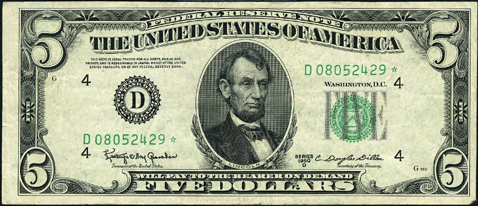 FR. 1964 D* $5 1950-D Federal Reserve CLE D-* Block VF+ STAR - Corner Missing - Image 2 of 3