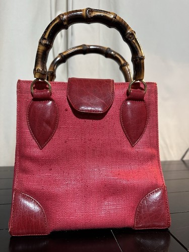 Rare Kleinberg Sherrill Small Red Woven Tote With Leather And Bamboo Accents