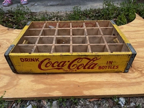 Vintage Drink Coca-Cola Yellow, Wooden Case Box 24 Bottle Coke Crate Wood